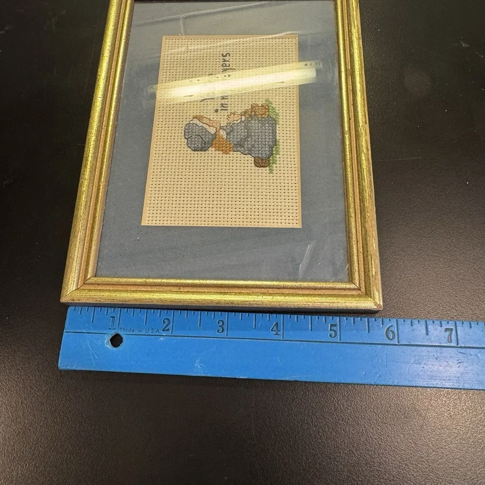 Vintage Blue Needlepoint ‎ Wall Art Decor Praying Girl 